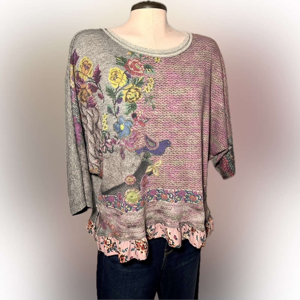 Ivy Jane Floral Bird Knit Top XS Boho Artsy Mixed Print Ruffle Hem Made In USA